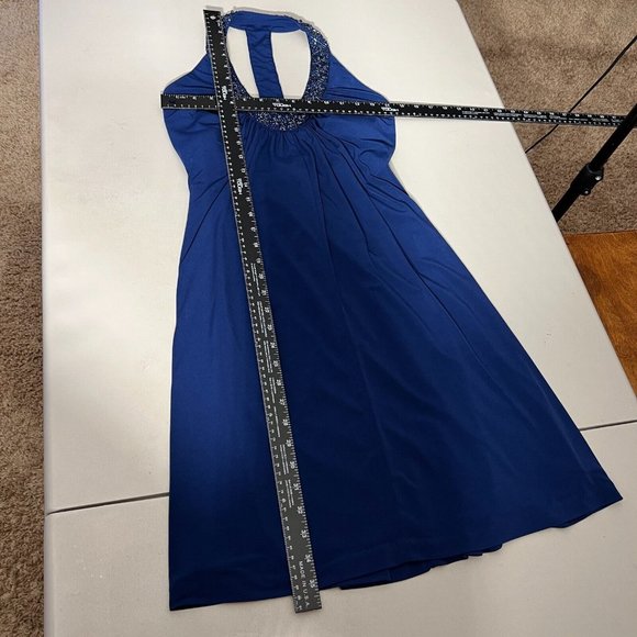 Alex Evenings Dress 4P Navy Blue Pleated Beaded Halter V-Neck Padded Bust Party - Picture 2 of 13